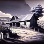 Monochrome painting of isolated wooden house with porch and picket fence against stormy sky
