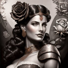 Stylized woman with roses in hair and gauntlet in monochrome art