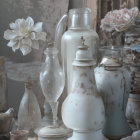 Distressed vintage glassware in muted tones on dusty shelf