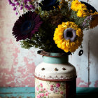 Rustic sunflower and wildflower arrangement in vintage milk can