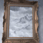 Brown Ornate Picture Frame with Monochrome Mountain Landscape Painting