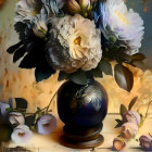 Bouquet of flowers in dark blue vase on textured backdrop