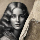 Vintage-style portrait of woman with wavy hair and torn paper overlay elements