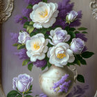 Vintage-style floral painting with white and purple roses in ornate vase.