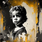 Monochrome portrait of young child with expressive eyes and abstract yellow-black splashes.