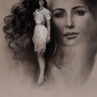 Monochrome artistic illustration of woman with voluminous hair transitioning into smoke in chic dress and heels