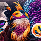 Detailed eagle, colorful bird, and fluid patterns in vibrant artwork