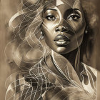Monochromatic digital artwork: Woman with flowing lines and swirls
