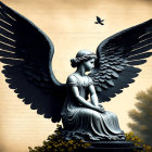 Angel statue with outstretched wings and bird against script backdrop