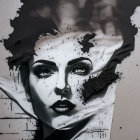 Monochrome portrait of a woman's face with expressive eyes and disintegrating effect merging with abstract black