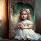 Young girl in white dress with floral headband holding bouquet in ornate vintage room