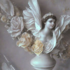 Ethereal artwork: Angelic figure with delicate wings and serene expression, emerging from vase among blo
