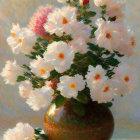 Still life painting: white peonies in a vase with paintbrushes on warm backdrop