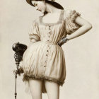 Vintage photograph: Woman in puff-sleeved dress and hat posing on pedestal