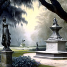 Classical statues in misty garden with Spanish moss