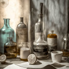 Collection of vintage glassware and bottles on table with lemon slice and cup in soft light