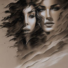 Dual-faced woman in sepia-toned artistic illustration