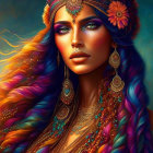 Colorful woman with intricate jewelry and floral adornments.