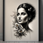 Monochrome portrait of a woman with floral details in a frame