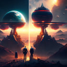 Two figures in alien landscape with towering structures and immense planets.