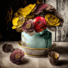 Vintage Teacup and Saucer with Paper Flowers on Rustic Wooden Surface