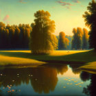 Tranquil landscape painting with lush green trees and calm lake