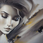 Delicate woman portrait in abstract gray and black with yellow accents