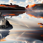 Surreal landscape with reflective water and fiery clouds