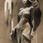 Monochrome illustration of elegant woman in cityscape.