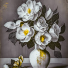 White bouquet with magnolias and roses in distressed white vase on grey background with golden flecks