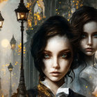 Stylized girls with captivating green eyes in gothic setting