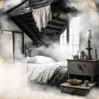 Monochrome painting of cozy rustic bedroom with draped bed, fog, vintage furnishings