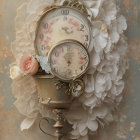 Vintage Pocket Watch with Lace, Pink Rose, and White Petals Background