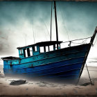 Abandoned blue fishing boat on gloomy, desolate beach