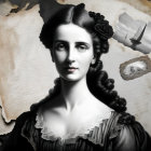 Dark-haired woman in 19th-century attire with vintage documents, ship illustration, and oyster shell