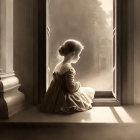 Sepia-toned photo: Young girl by window, boy's reflection.