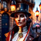 Cyberpunk-themed portrait of a woman in Victorian attire with top hat against cityscape at dusk