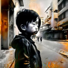 Child in somber urban alley with dreary buildings.