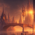 Gothic cityscape with arched bridge at sunset