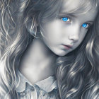 Young girl digital artwork: Blue-eyed, curly hair, monochrome color scheme.