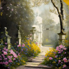 Sunlit garden path with vibrant flowers and stone columns in impressionist painting