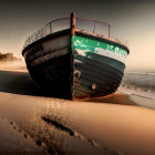 Weathered green boat stranded on sandy beach under stormy sky