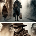 Person in trench coat and hat walking on foggy path with lantern, detailed close-up.