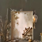 Whimsical painting features detailed house on platform with scattered pages and fish in light bulb