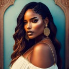 Striking makeup woman with large earrings in ornate mirror portrait