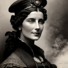 Elegant vintage portrait of a woman in intricate attire and hat