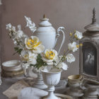 Classic Still Life Composition with Flowers, Teapot, Dishes, and Lantern