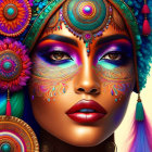 Colorful woman with intricate face paint and ornate accessories in vibrant artwork