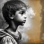 Monochrome artistic illustration of a pensive young boy amidst warm textual backdrop