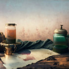 Vintage still life with books, glass jar, lantern, map, and draped cloth on rustic table